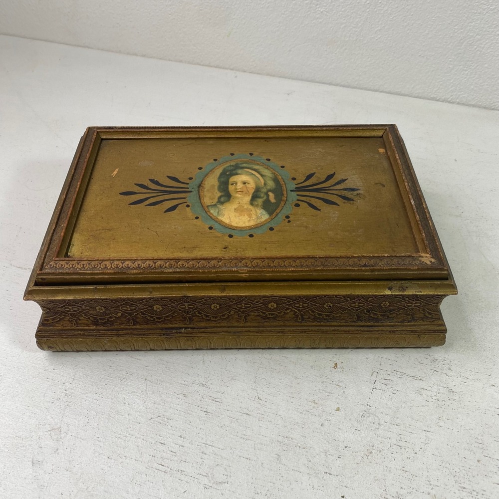 Vintage Italian Florentine Gold Gilt Wood Jewelry Box Mirror Vanity Case
